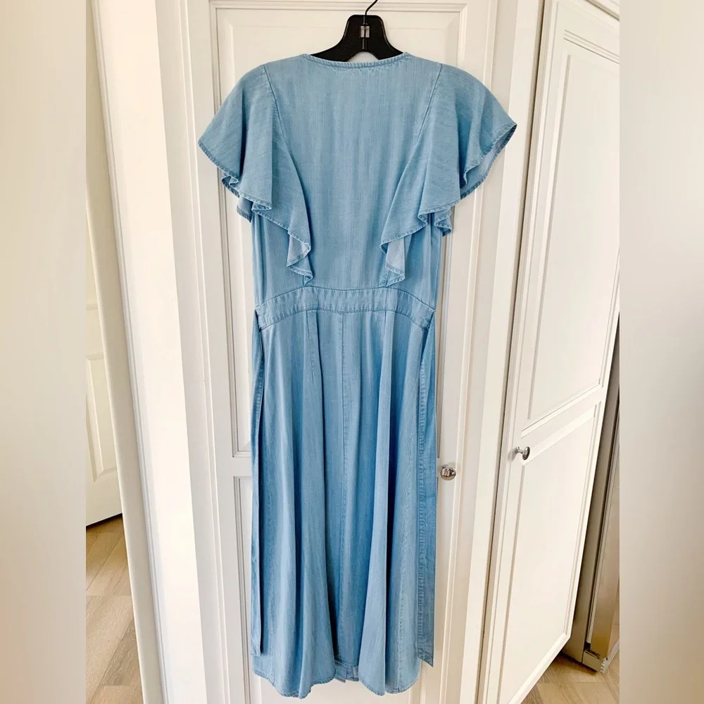Vince Camuto Women's Blue Ruffled Button Front Chambray Shirt Dress Size…